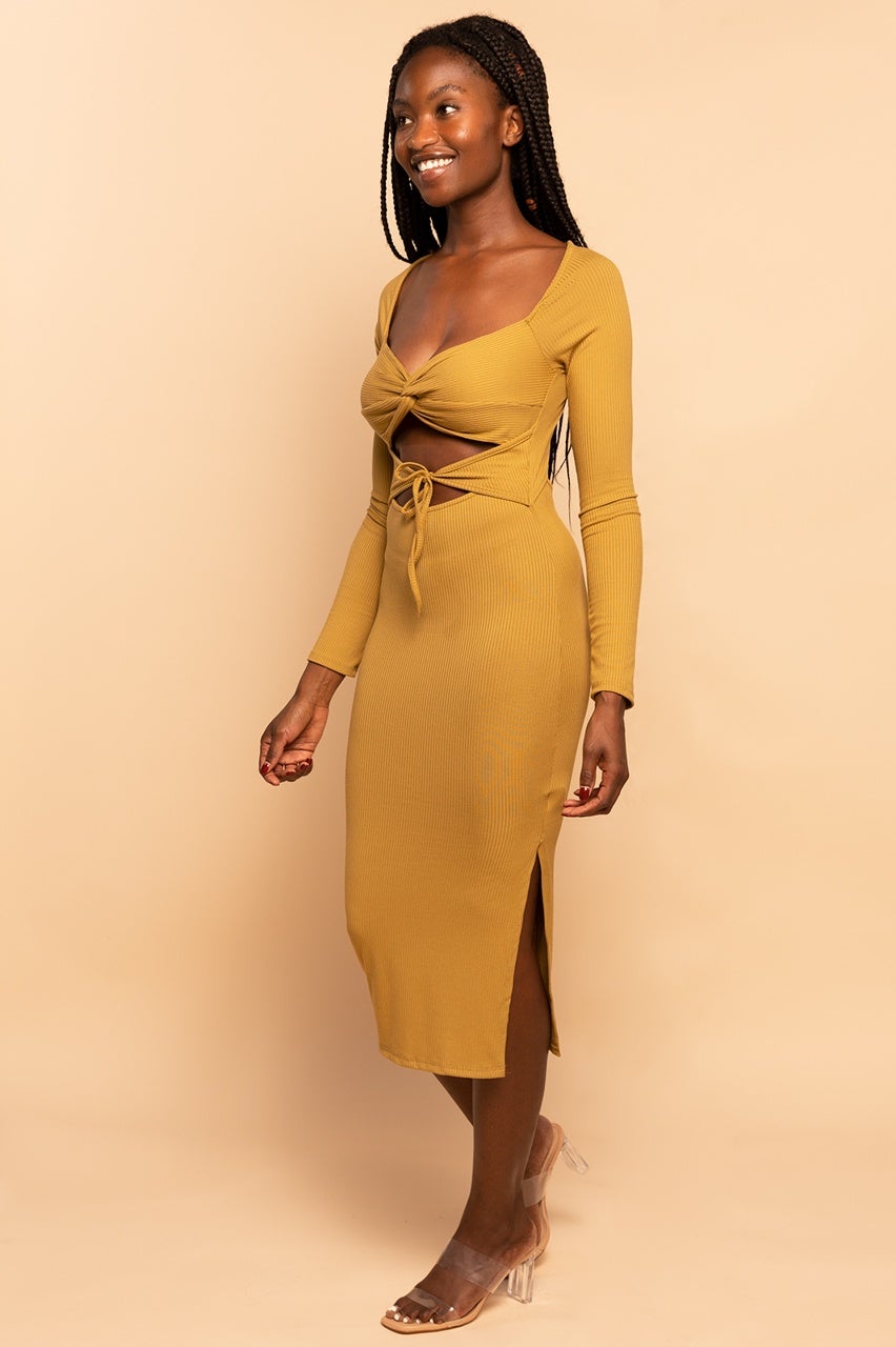 Sage Green Cut Out Tie-Front Ribbed Midi Dress