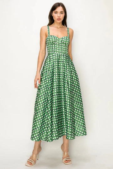 Satin Corset Trellis Print Maxi Bustier Dress