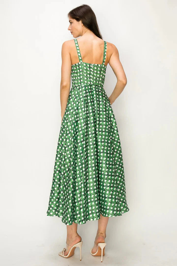 Satin Corset Trellis Print Maxi Bustier Dress