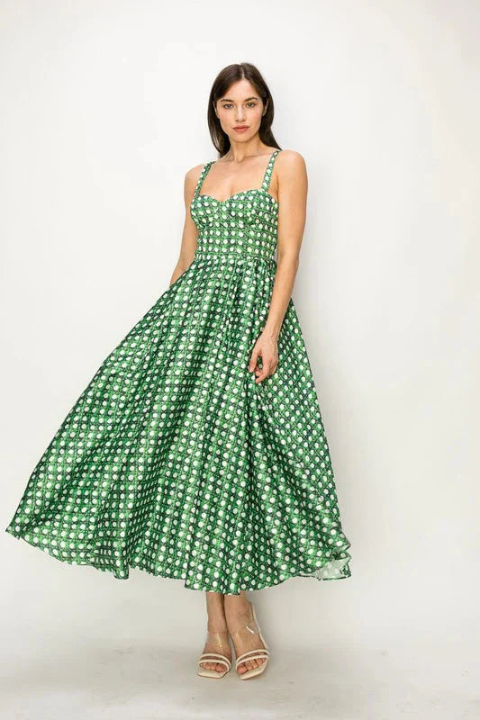 Satin Corset Trellis Print Maxi Bustier Dress