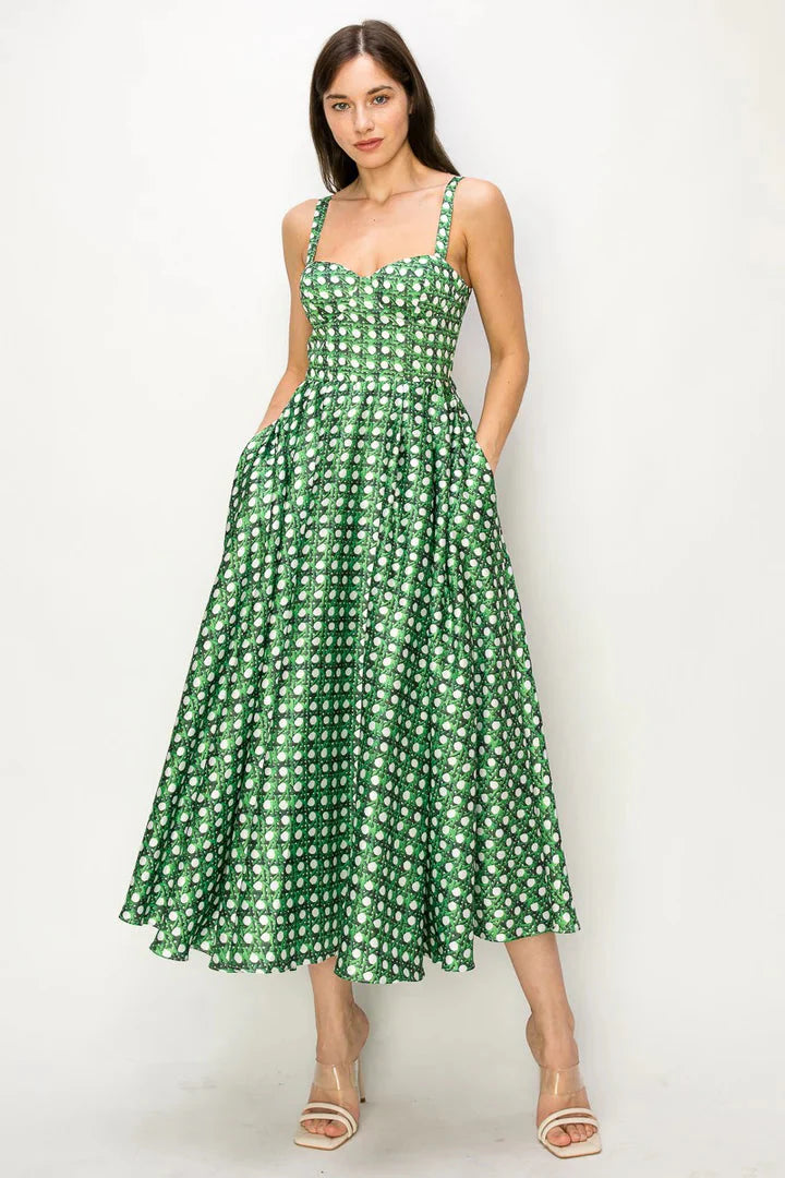 Satin Corset Trellis Print Maxi Bustier Dress