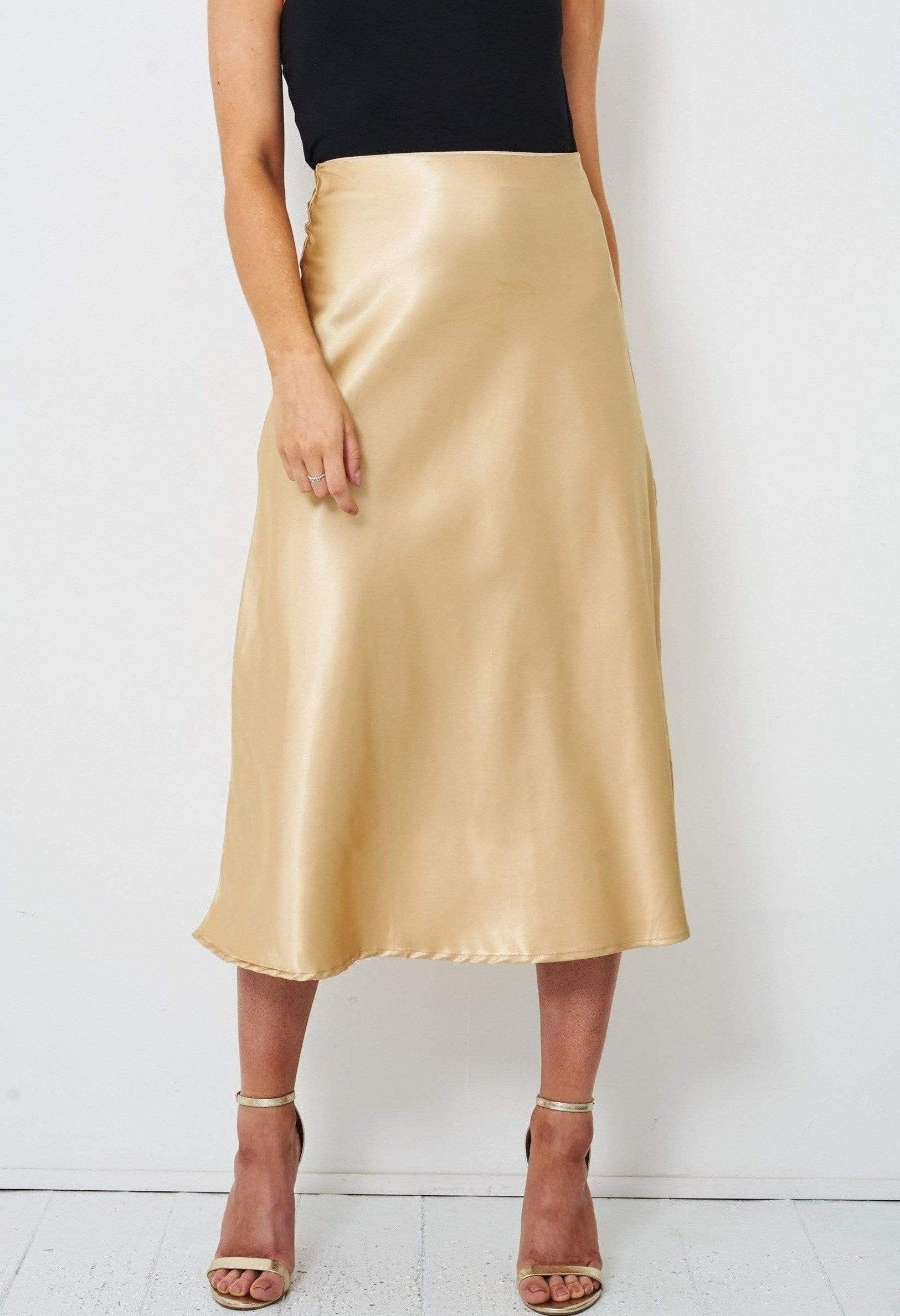 Satin Champagne Gold Midi Skirt