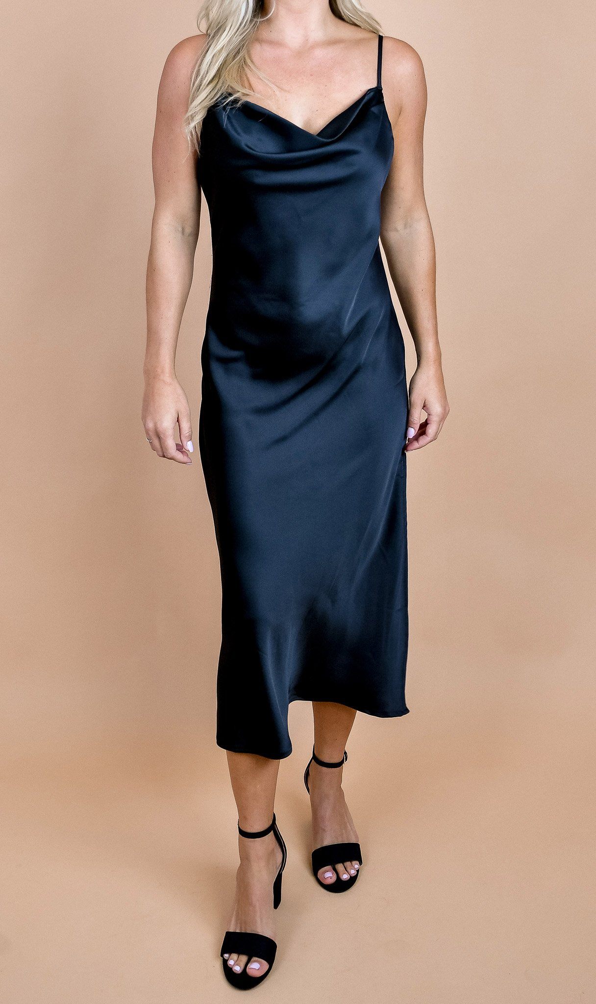 Satin Cowl Neck Slip Midi Black Dress