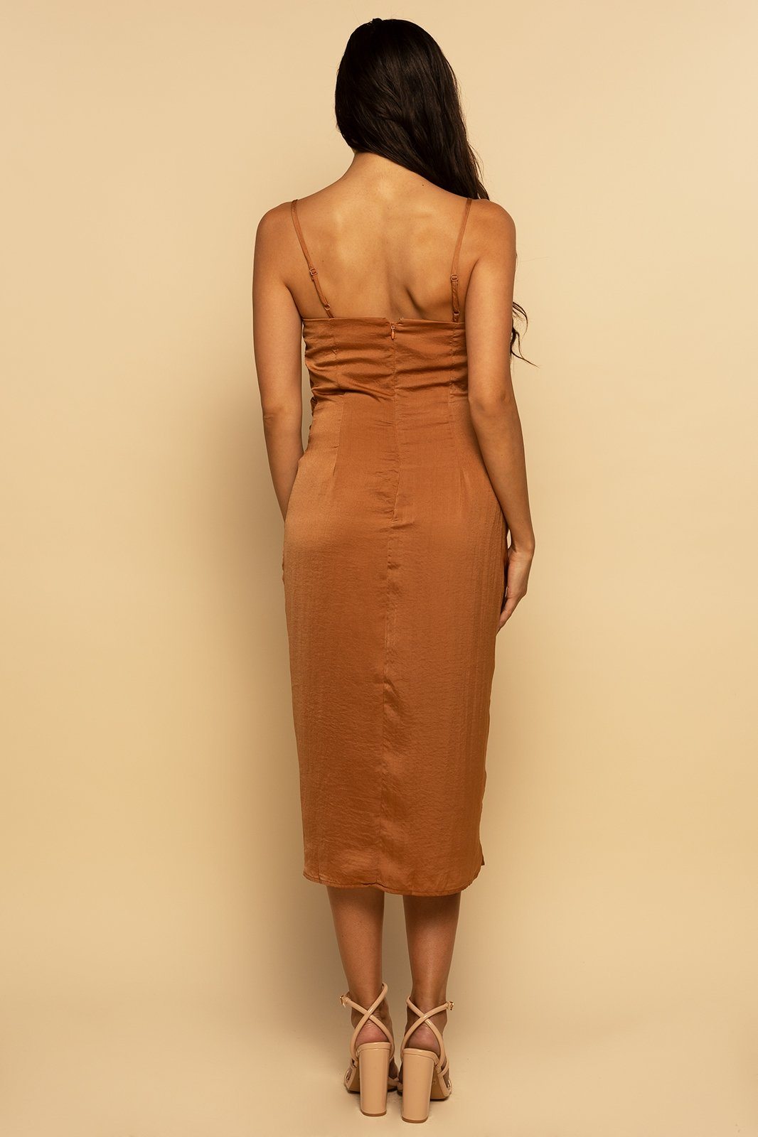 Satin Cowl Slip Wrap Midi Dress Rust Brown