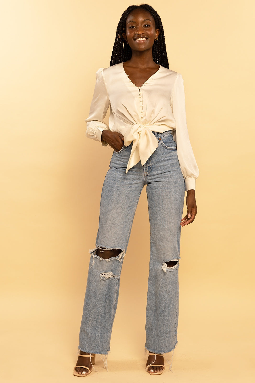 Satin Cream Button Down Tie-Front Blouse