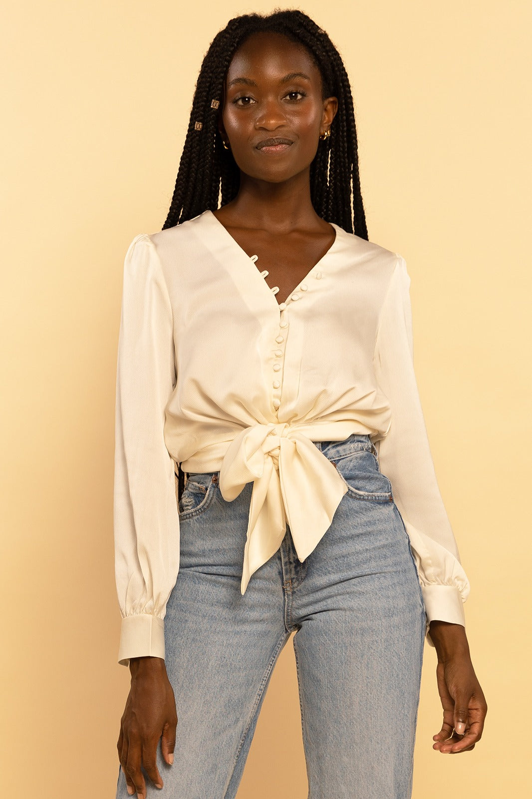 Satin Cream Button Down Tie-Front Blouse