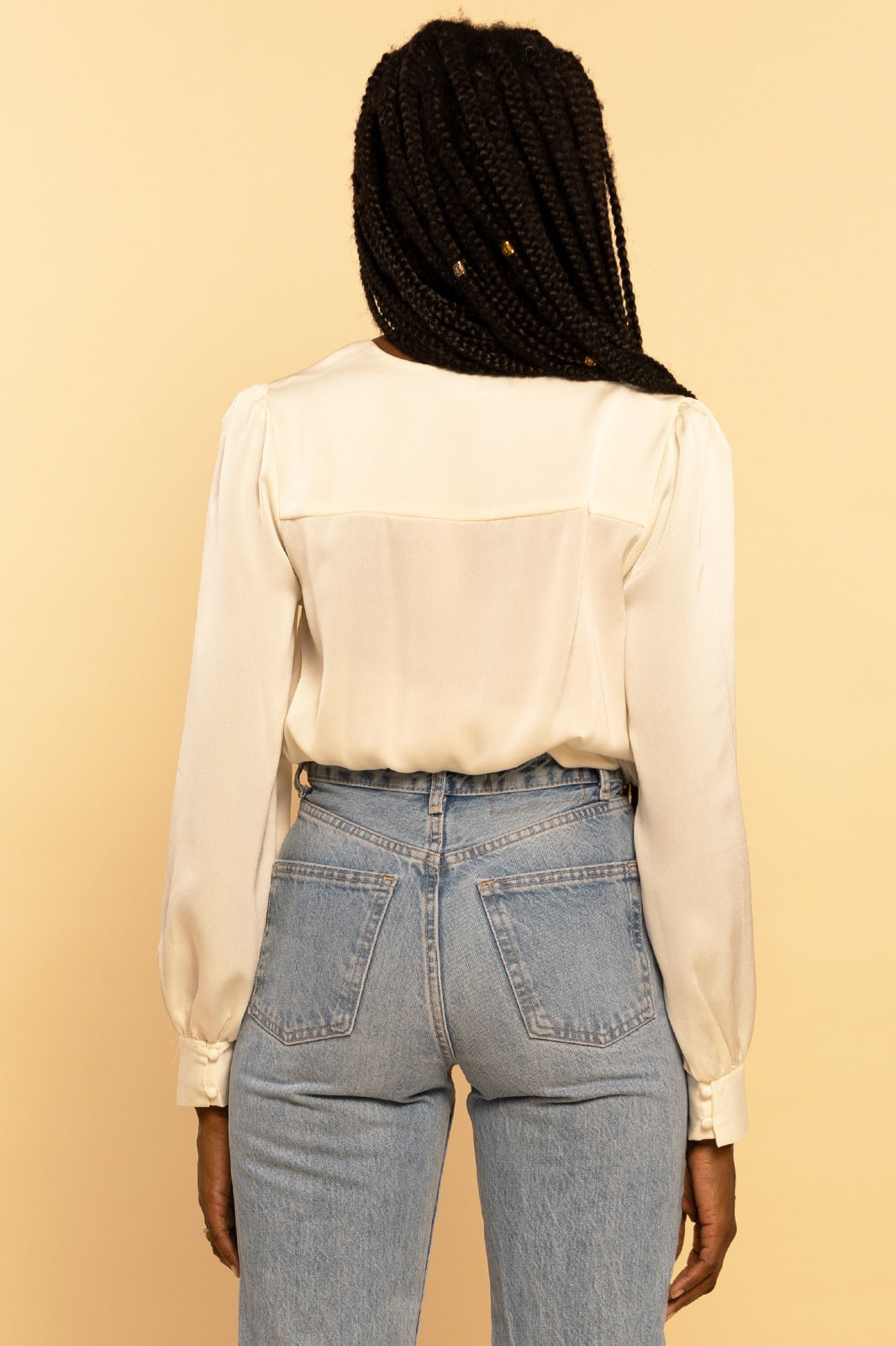 Satin Cream Button Down Tie-Front Blouse