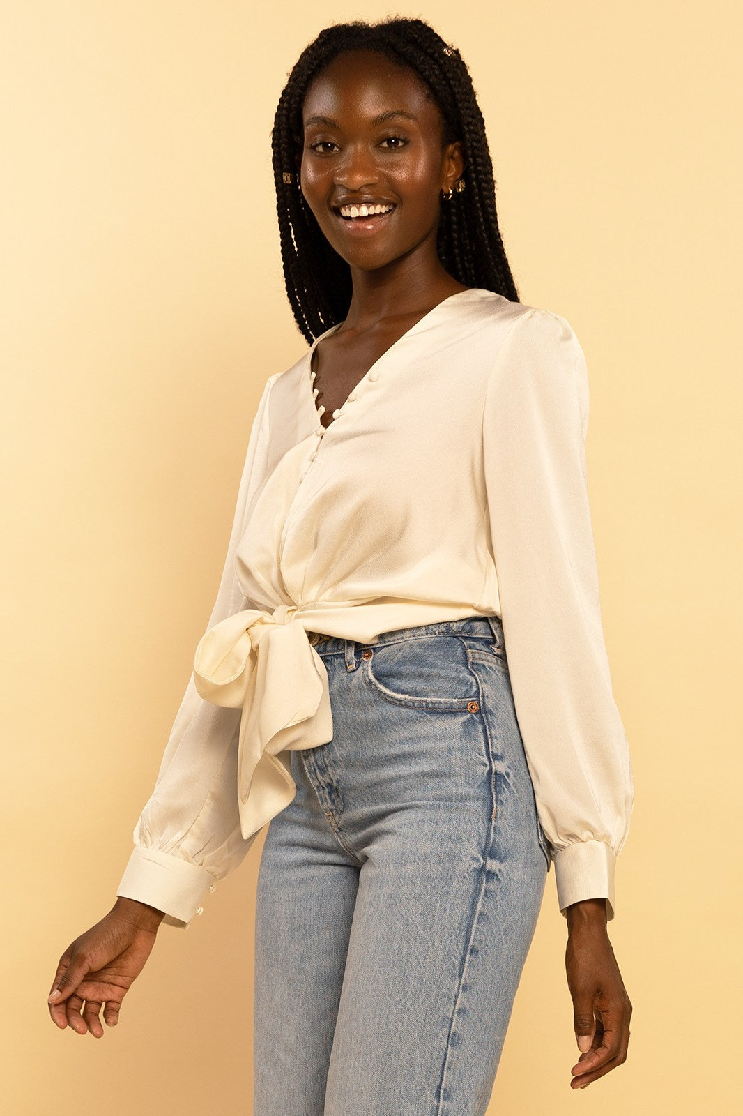 Satin Cream Button Down Tie-Front Blouse