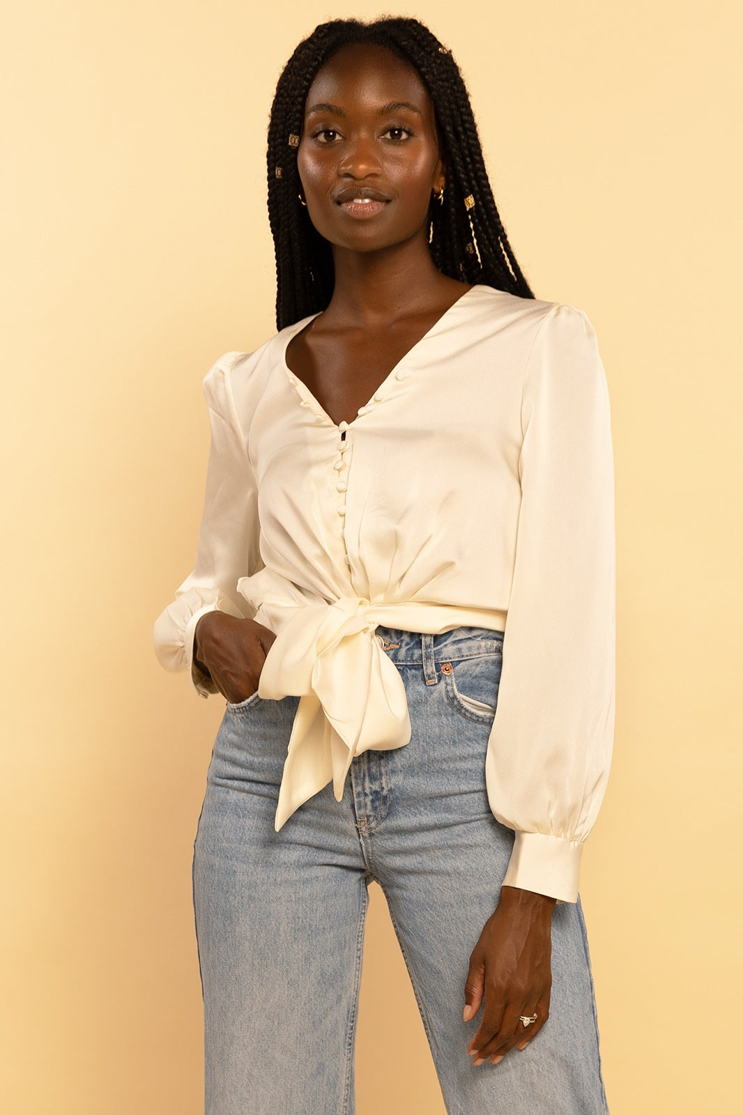 Satin Cream Button Down Tie-Front Blouse