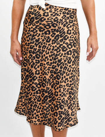 Satin Leopard Print Midi Skirt Beige