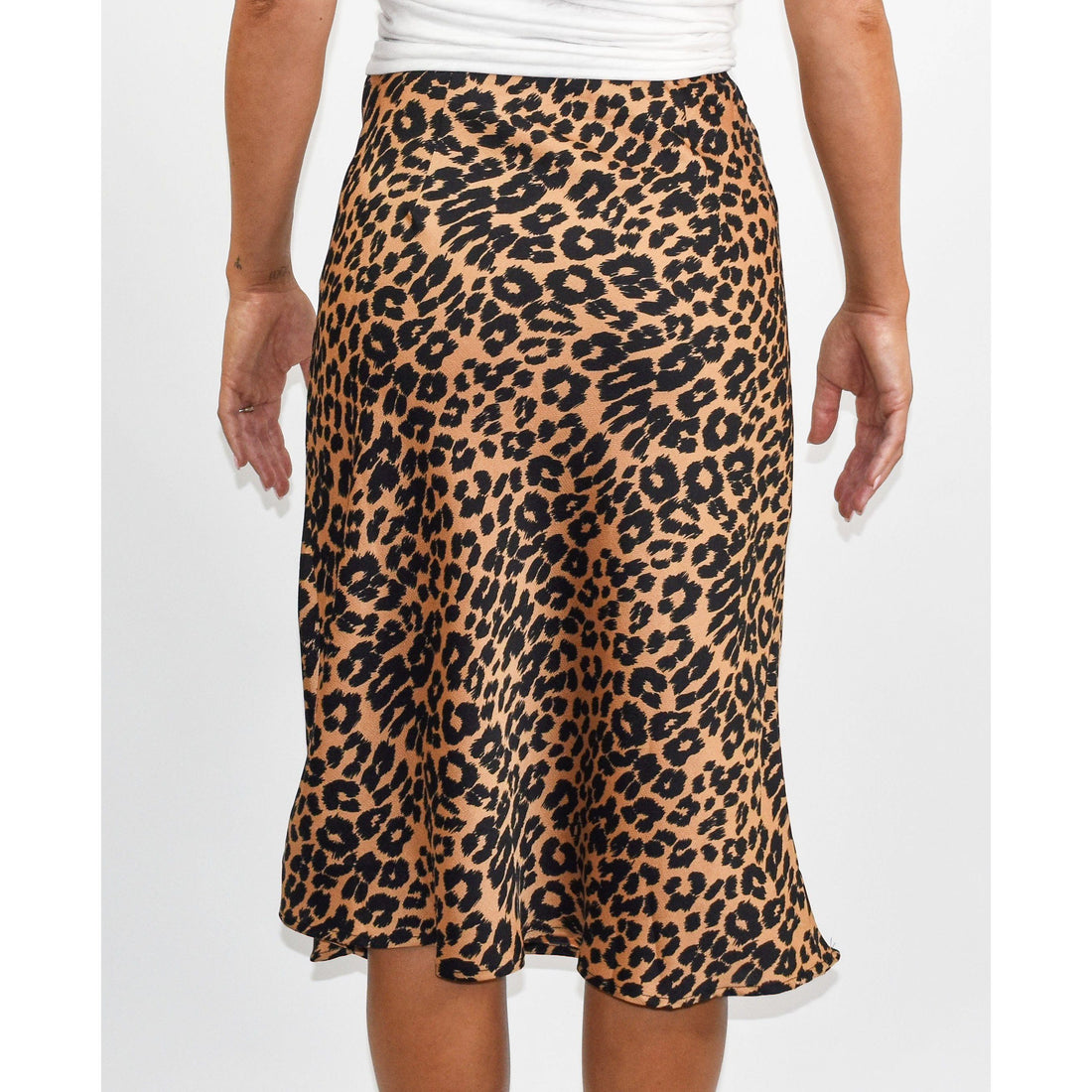 Satin Leopard Print Midi Skirt Beige