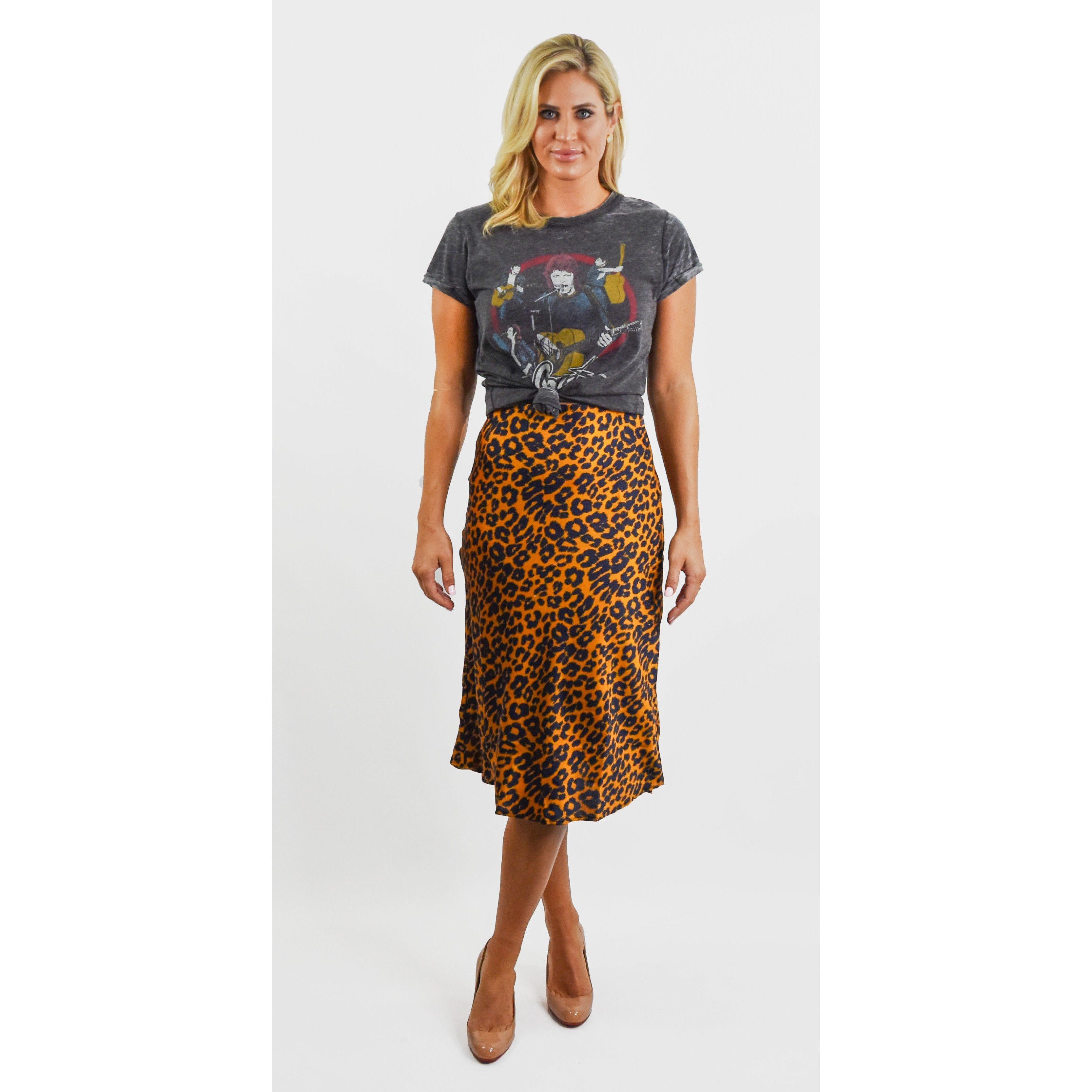 Satin Leopard Print Midi Skirt Caramel