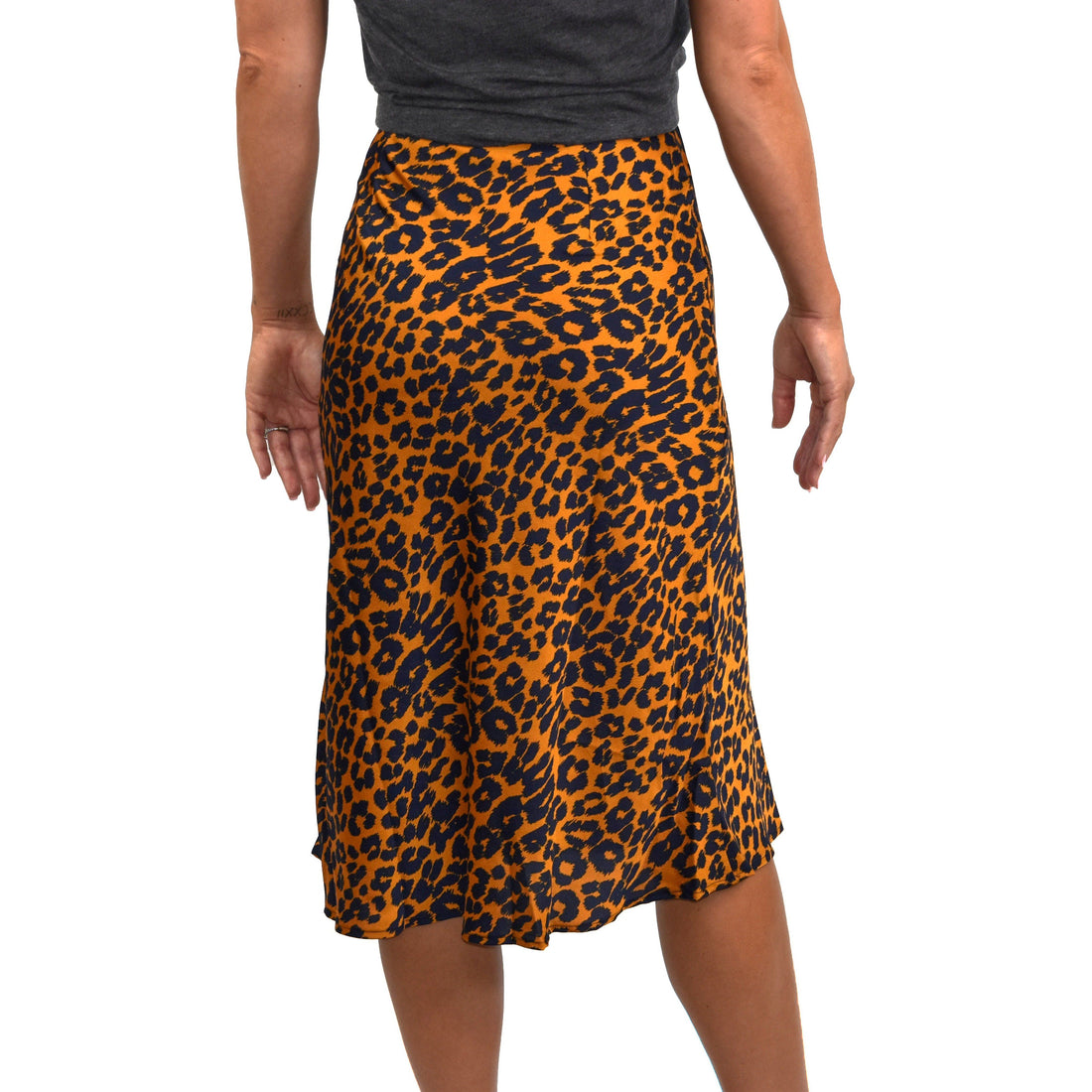 Satin Leopard Print Midi Skirt Caramel