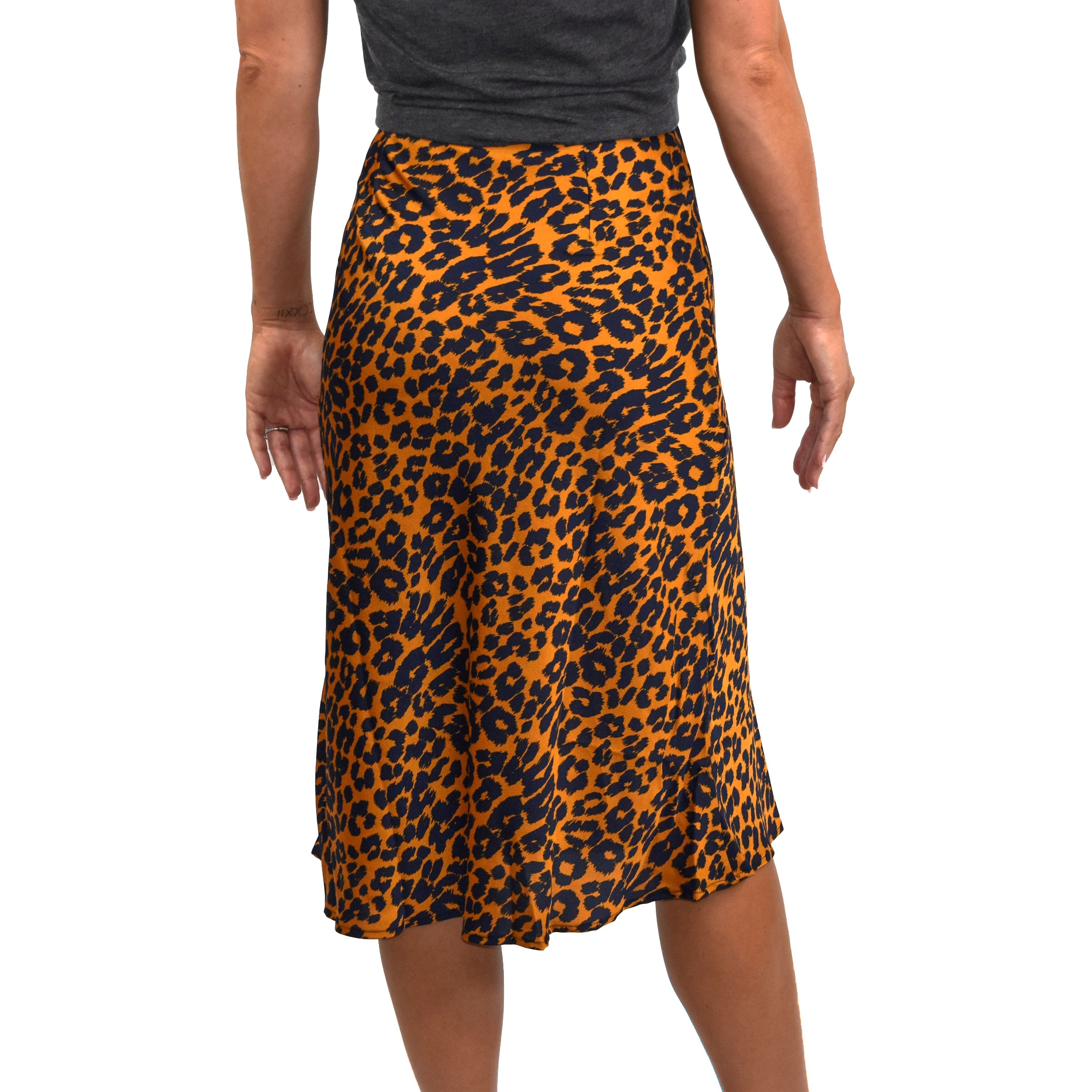 Satin Leopard Print Midi Skirt Caramel