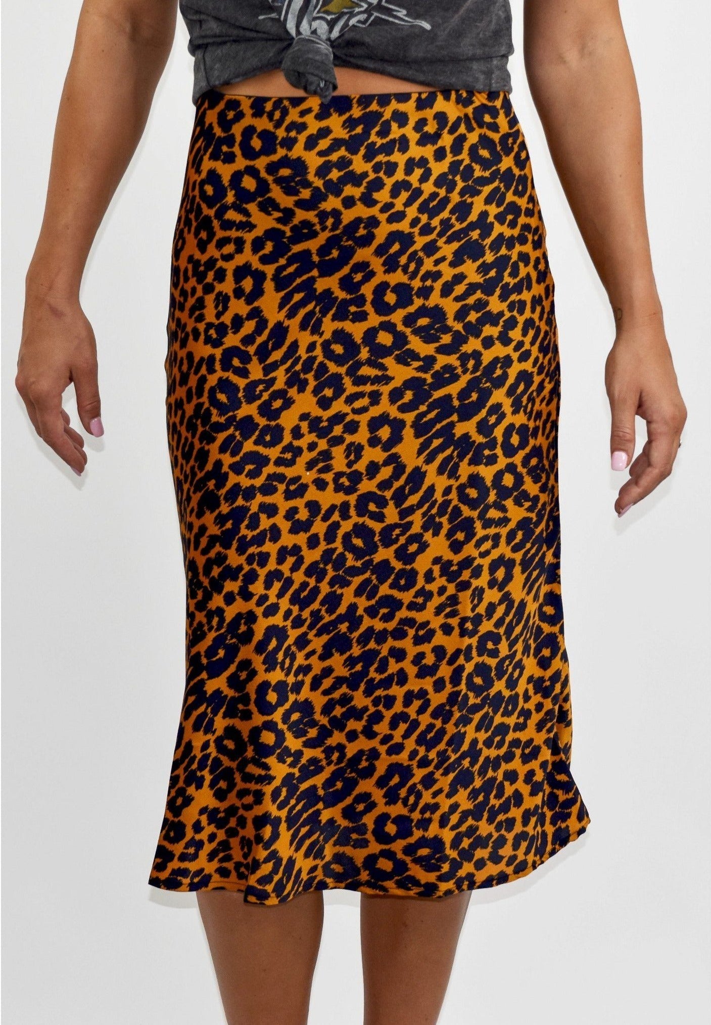 Satin Leopard Print Midi Skirt Caramel