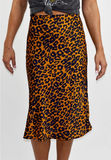 Satin Leopard Print Midi Skirt Caramel