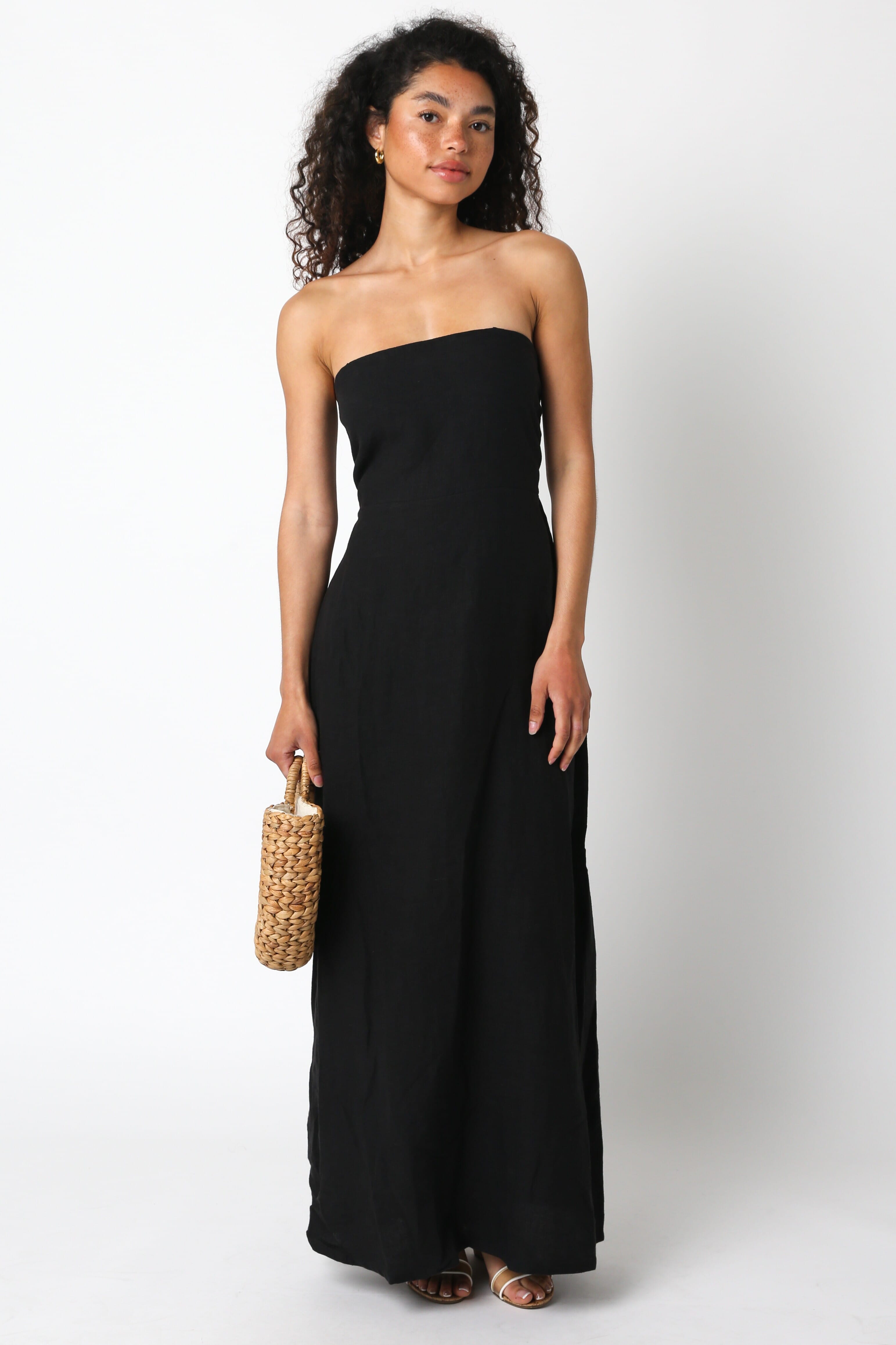 Sofia Strapless Black Linen Maxi Dress