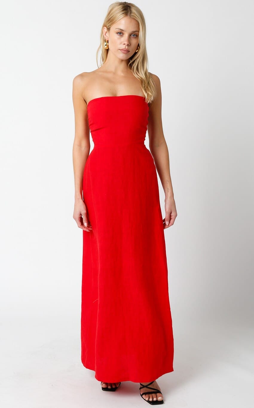 Sofia Strapless Red Linen Maxi Dress