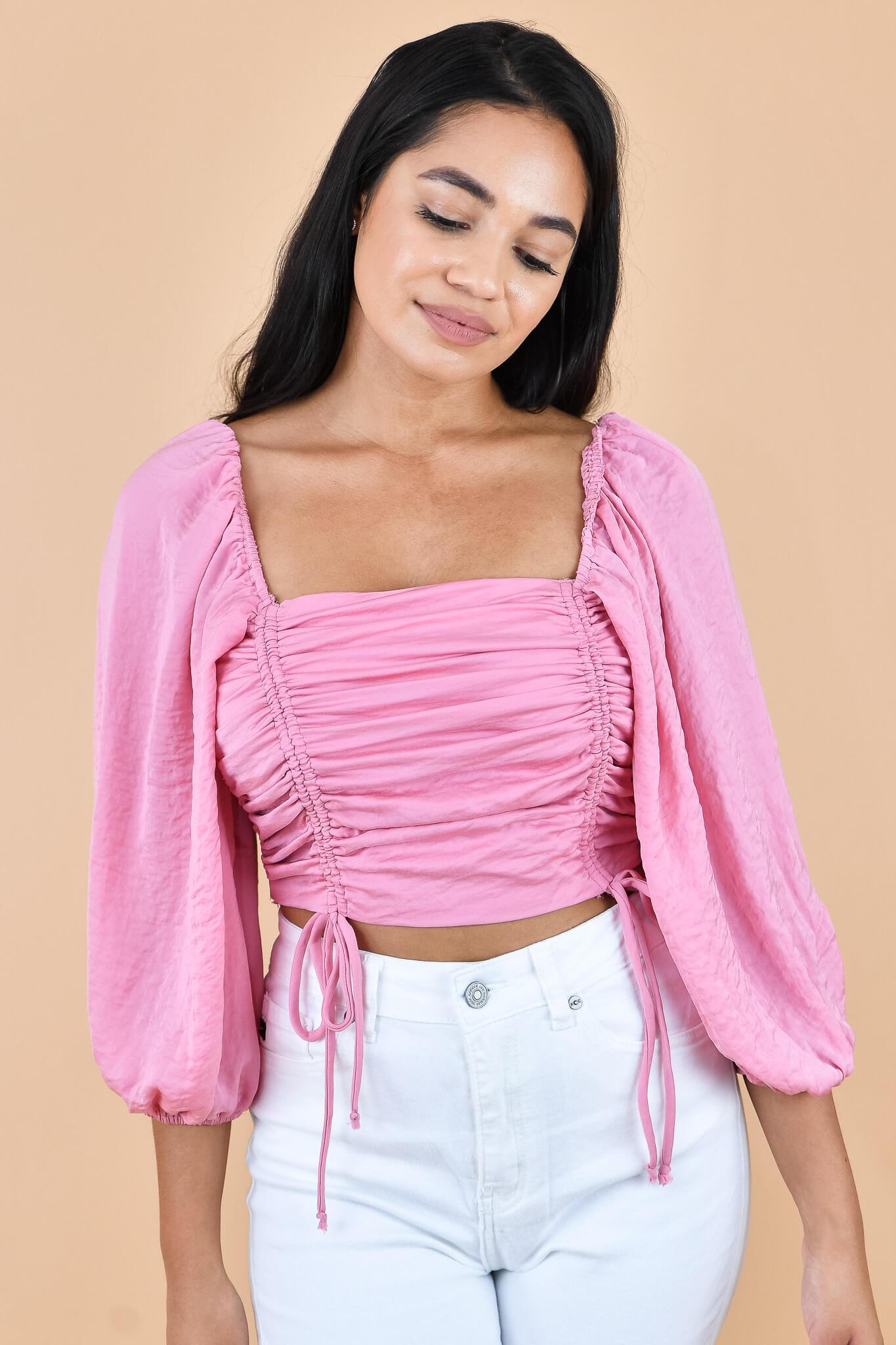 Pink Square Neck Puff Sleeve Ruched Drawstring Crop Top