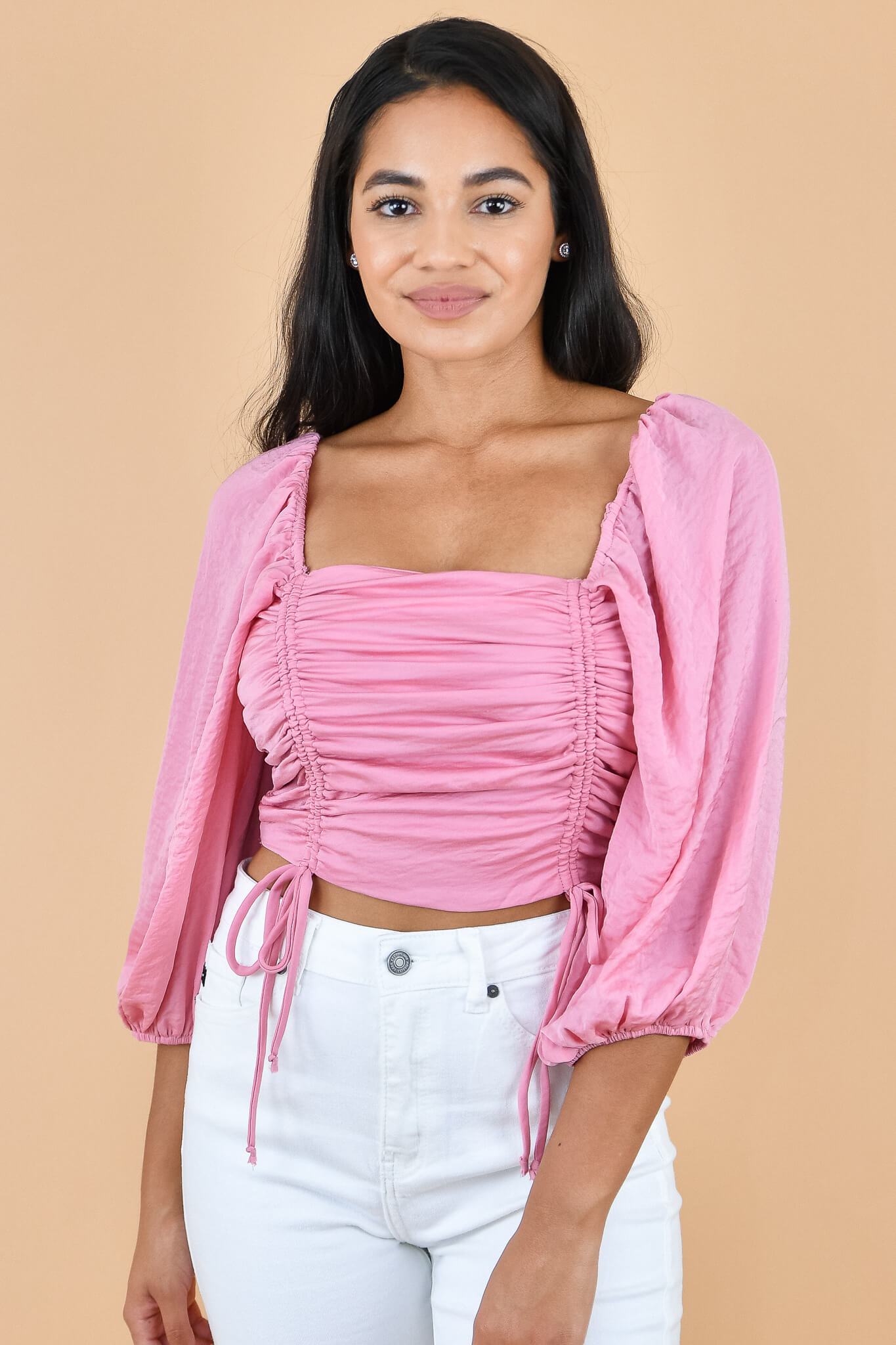 Pink Square Neck Puff Sleeve Ruched Drawstring Crop Top