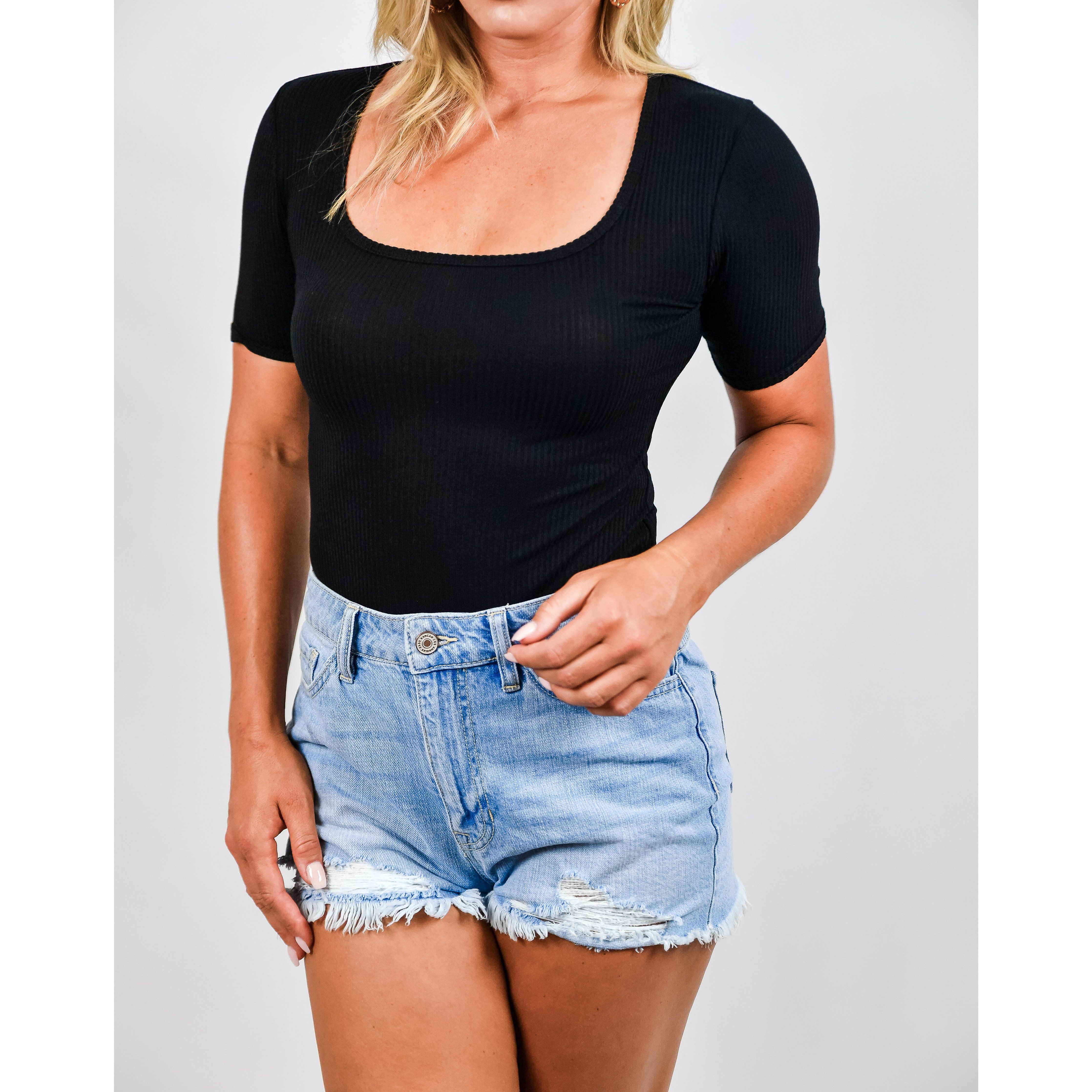 Square Neck Ribbed Short Sleeve Black Bodysuit