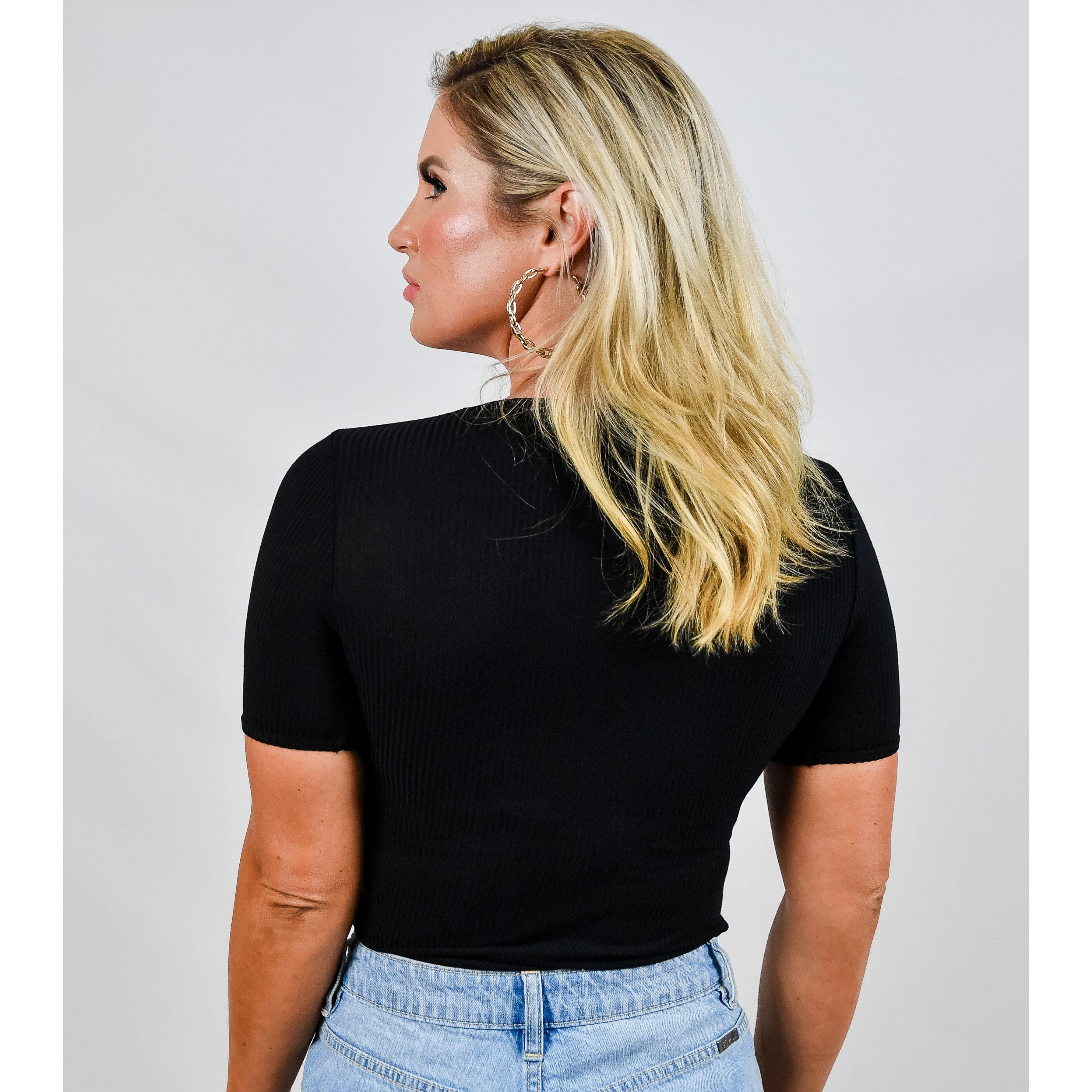 Square Neck Ribbed Short Sleeve Black Bodysuit