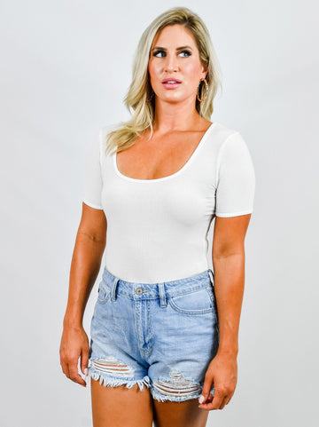 Square Neck Ribbed Short Sleeve White Bodysuit