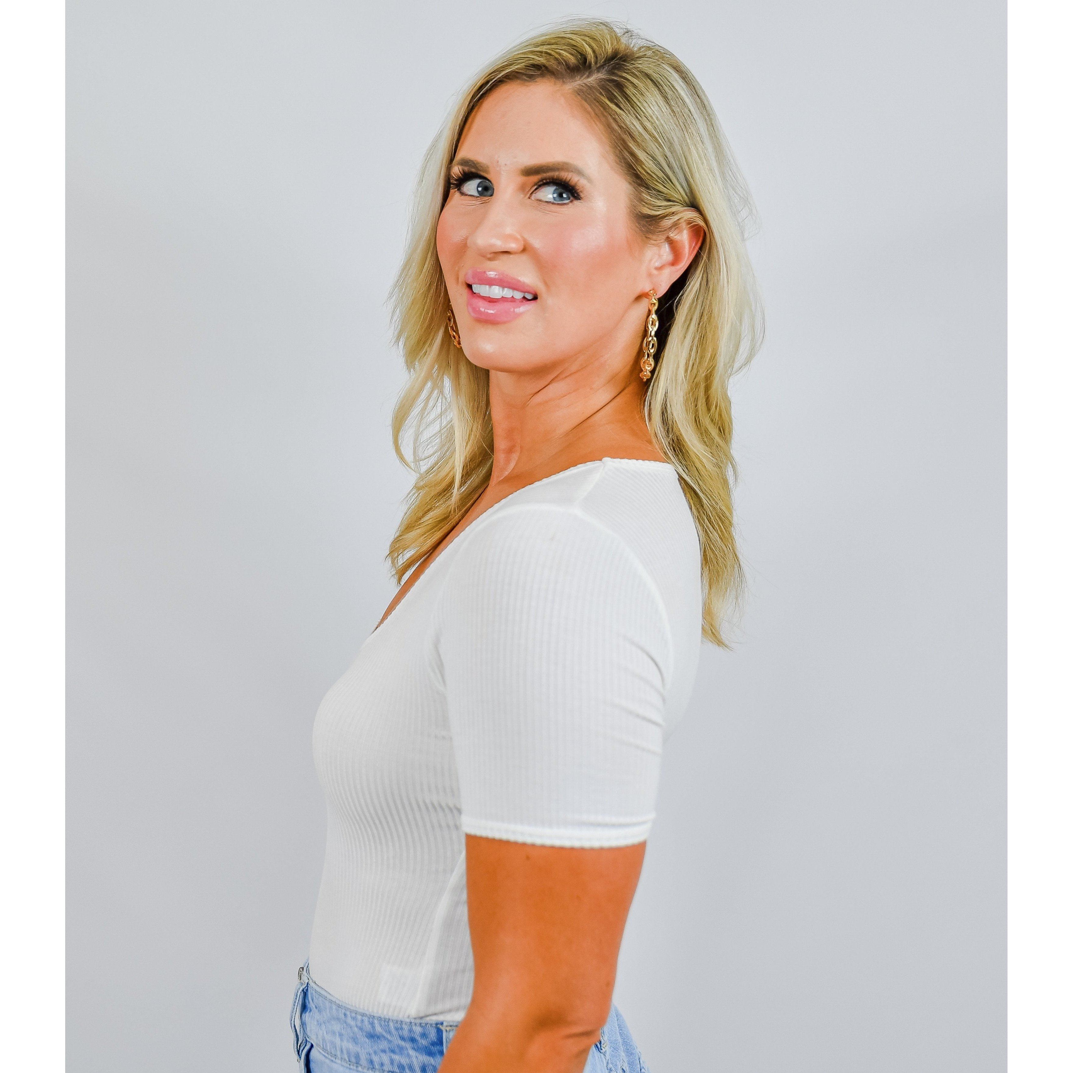 Square Neck Ribbed Short Sleeve White Bodysuit