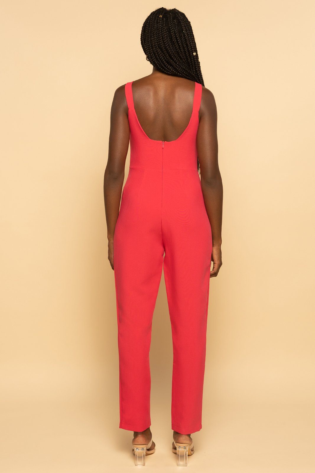 Square Neck V Plunge Pink Knit Jumpsuit