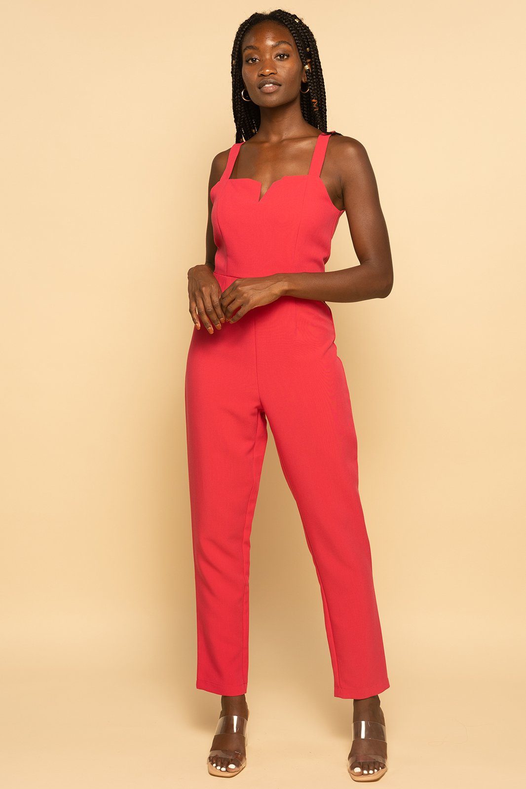 Square Neck V Plunge Pink Knit Jumpsuit