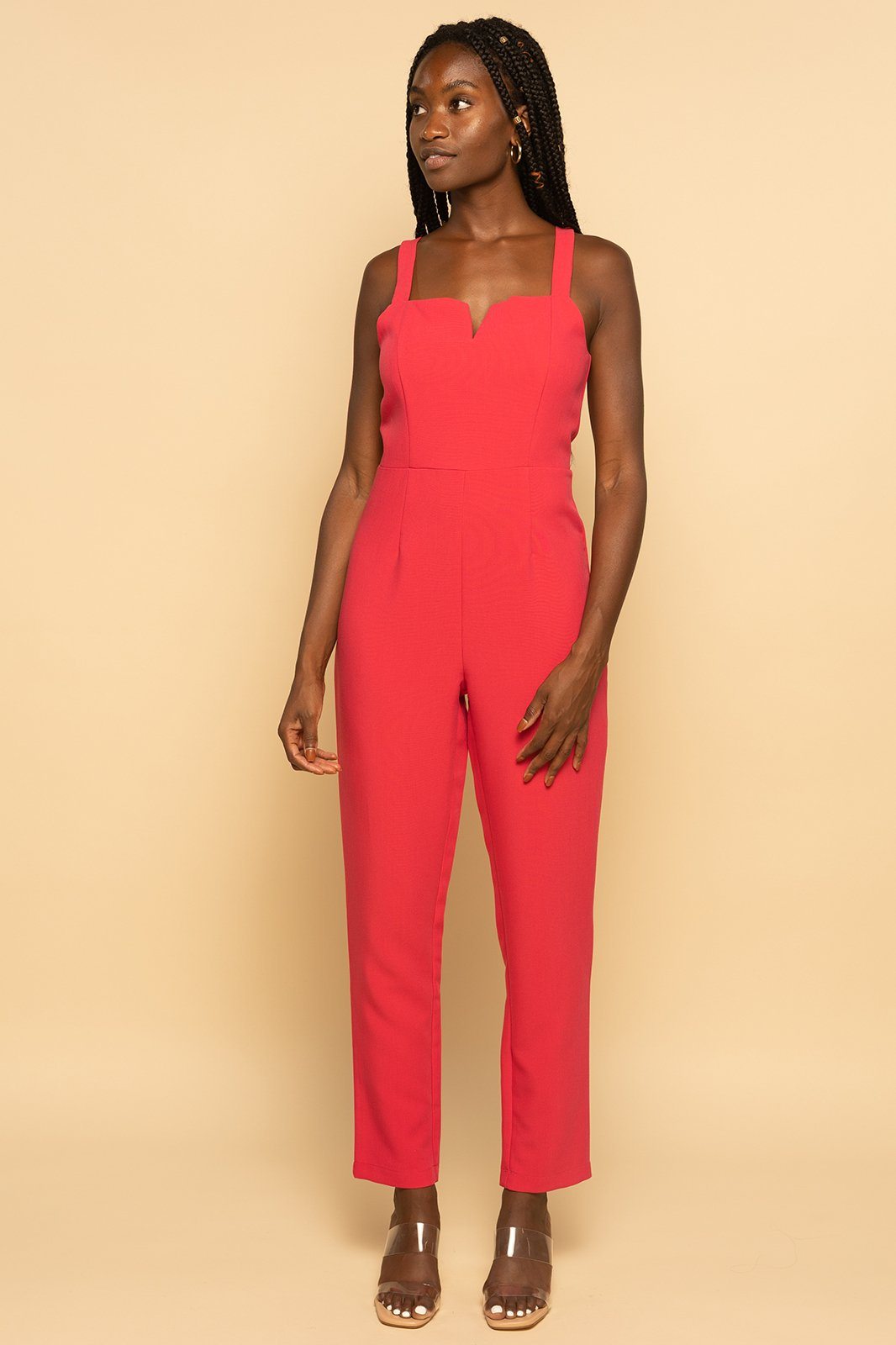 Square Neck V Plunge Pink Knit Jumpsuit