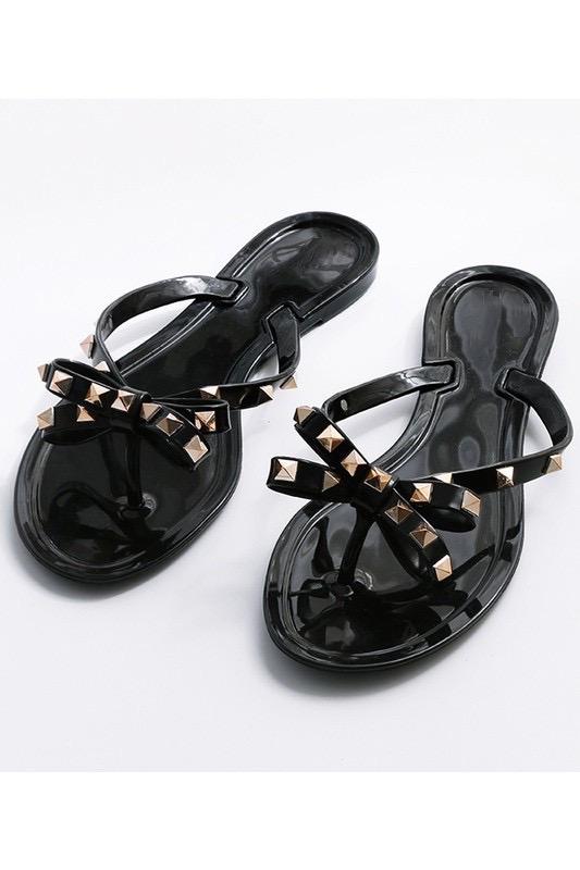 Studded Bow Jelly Thong Sandals