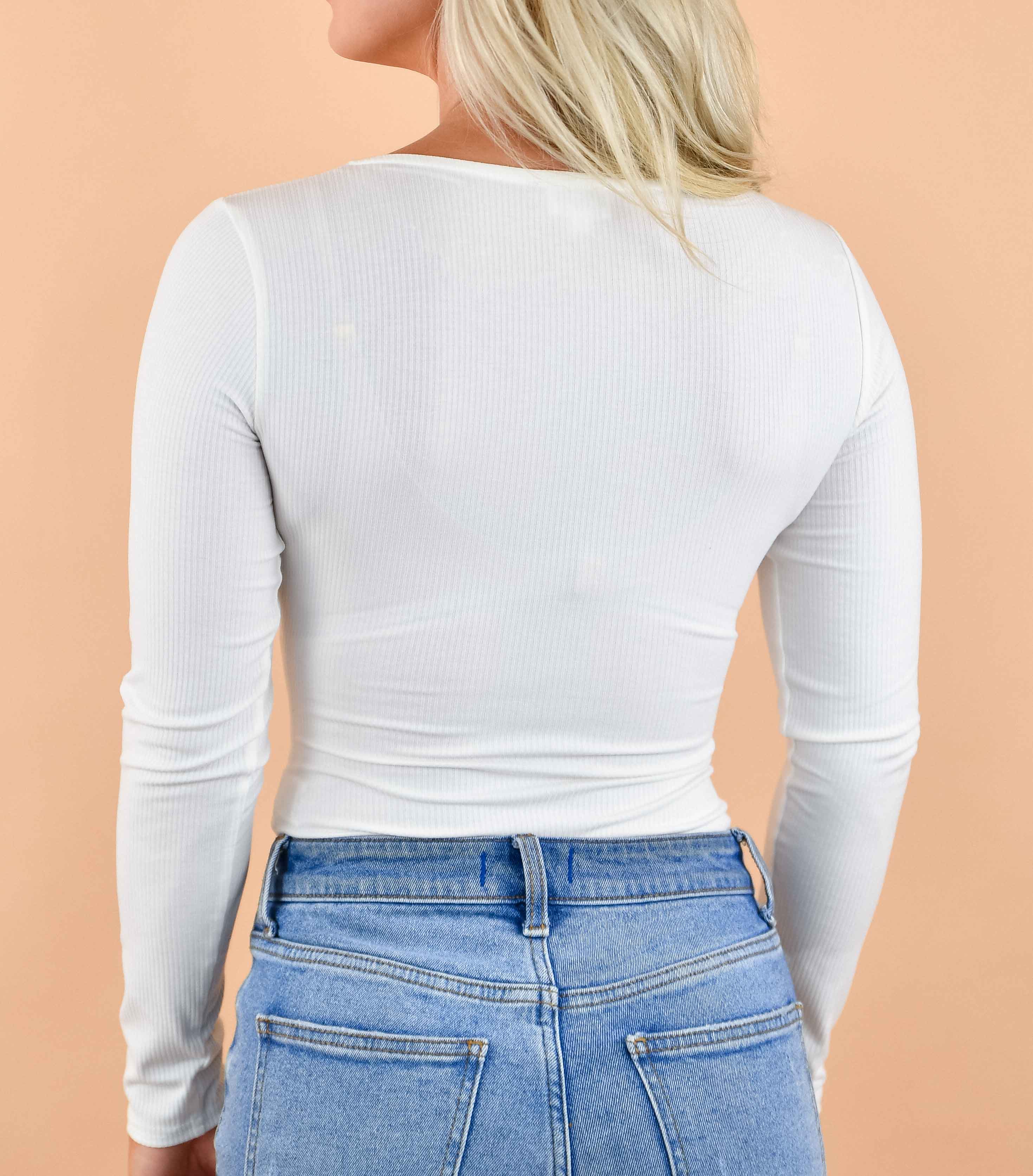 Sweetheart Ribbed Contrast Stitch Long Sleeve White Bodysuit
