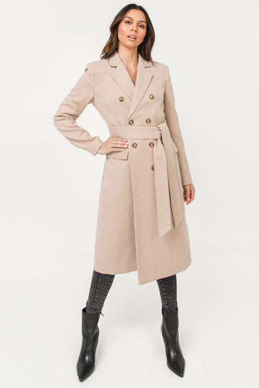Cream Beige Belted Double Breasted Long Wrap Luxe Coat