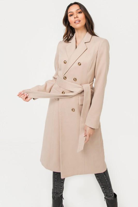 Cream Beige Belted Double Breasted Long Wrap Luxe Coat