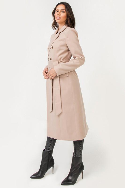 Cream Beige Belted Double Breasted Long Wrap Luxe Coat