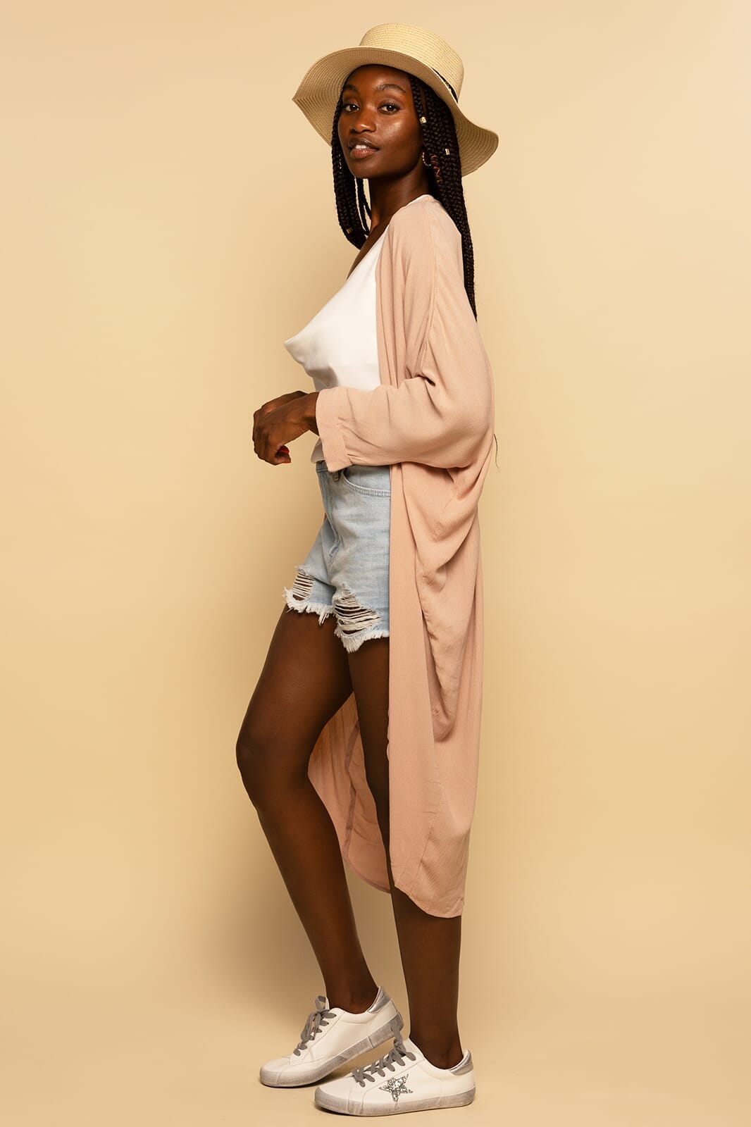 Taupe Crinkle Crepe Long Cardigan