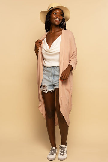 Taupe Crinkle Crepe Long Cardigan