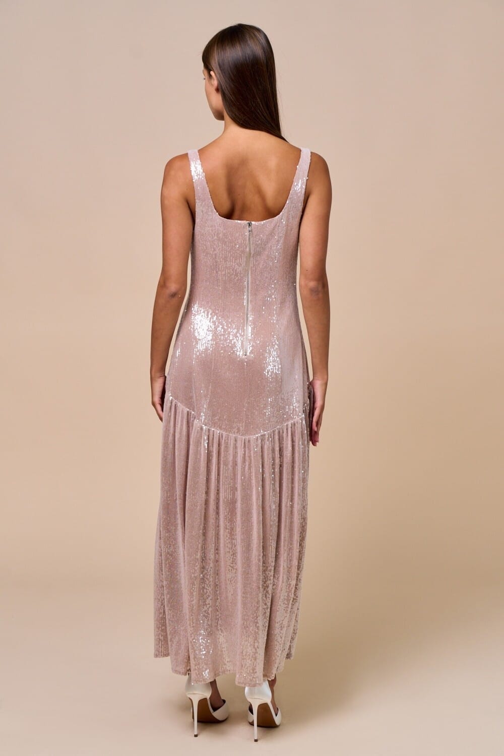 Taupe Shimmer Sequin Front Hook & Eye Maxi Dress