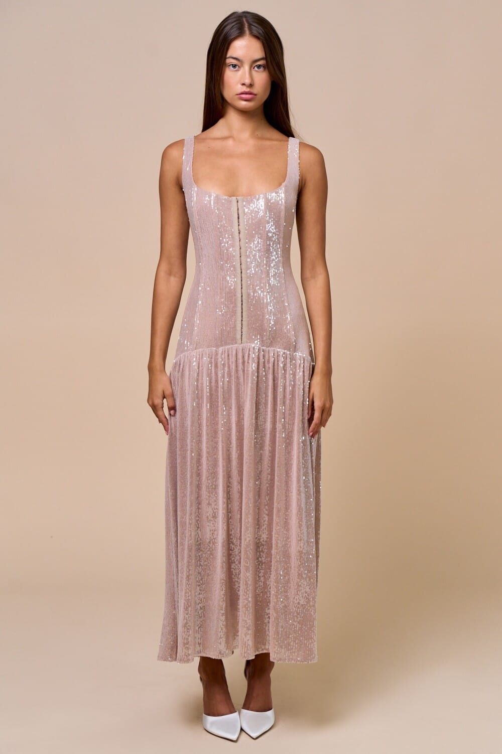 Taupe Shimmer Sequin Front Hook & Eye Maxi Dress