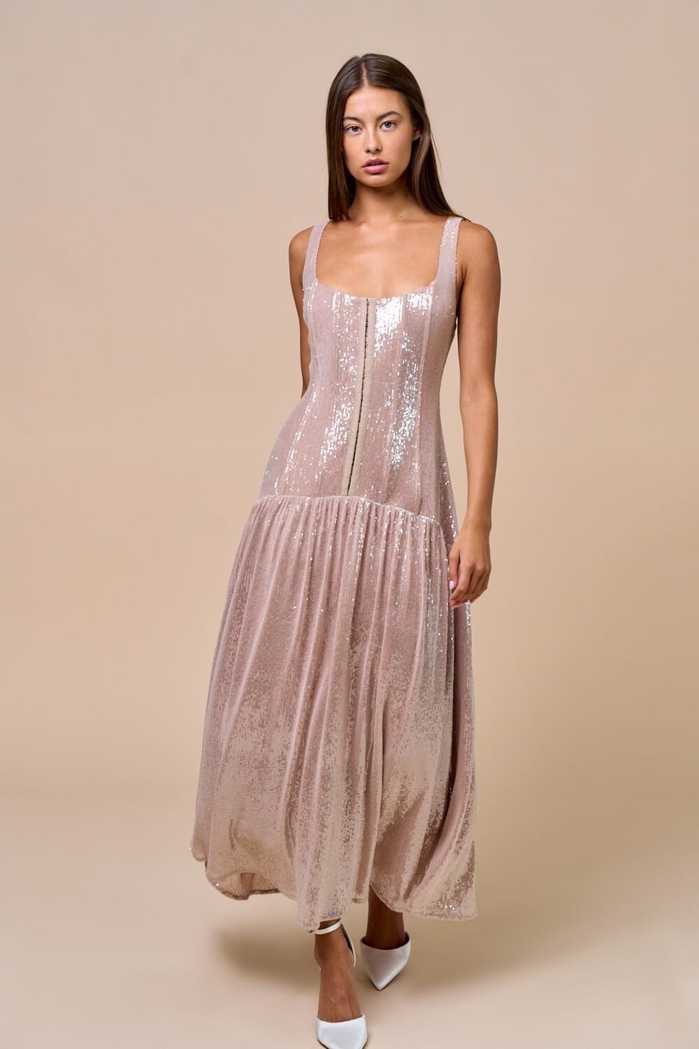 Taupe Shimmer Sequin Front Hook & Eye Maxi Dress