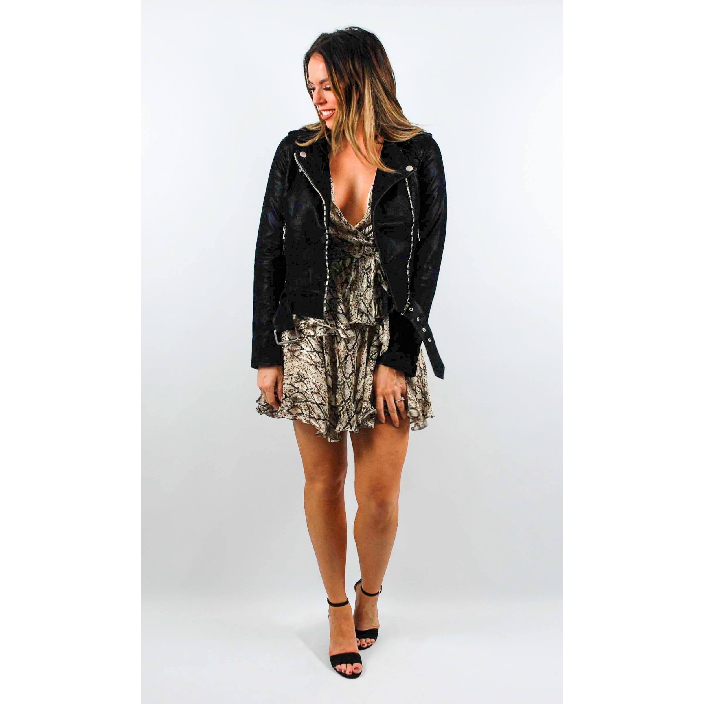 Taupe Snake Print Tie Waist Ruffle Mini Dress