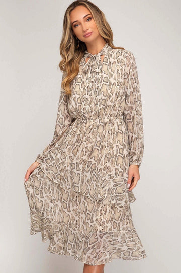 Taupe Snake Skin Print Tie Neck Midi Dress