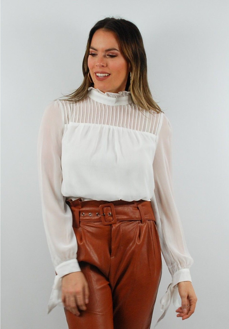 Tuck Detail Tie Cuff Romantic Keyhole White Blouse