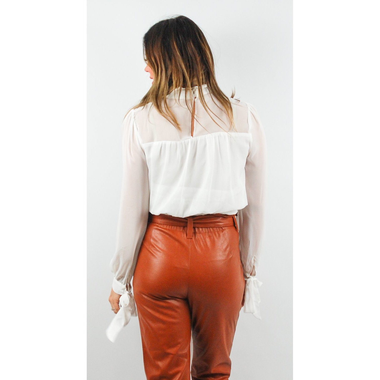 Tuck Detail Tie Cuff Romantic Keyhole White Blouse