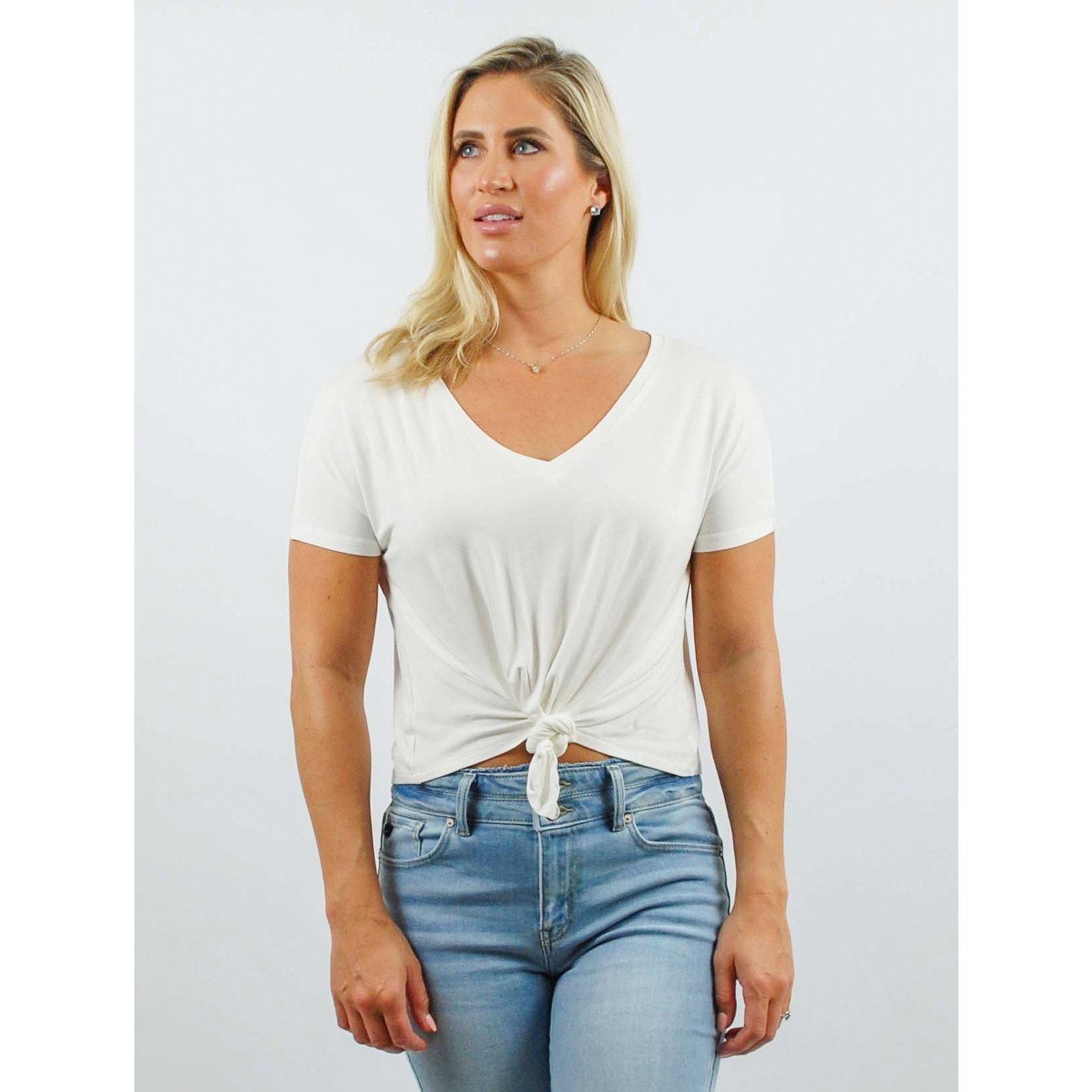 V-Neck Short Sleeve Cropped Tee with Knot Front