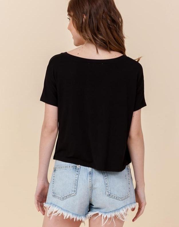 V-Neck Short Sleeve Cropped Tee with Knot Front