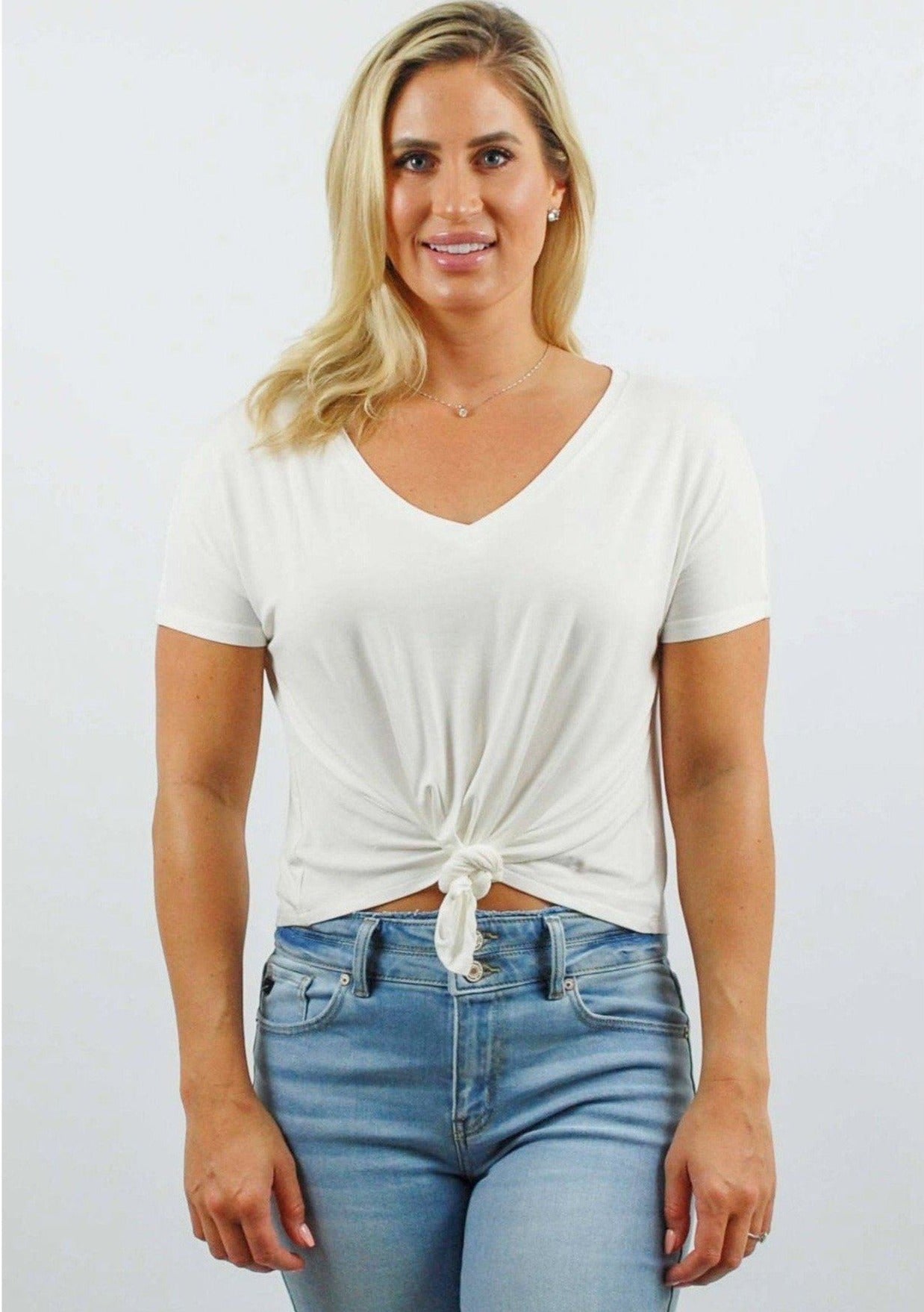 V-Neck Short Sleeve Cropped Tee with Knot Front