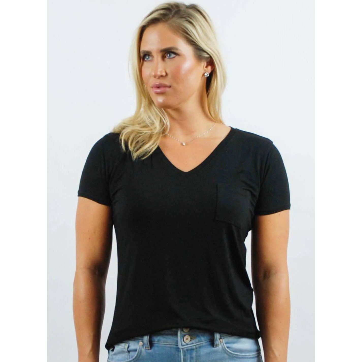 V-Neck Short Sleeve Front Pocket Tee with Pocket