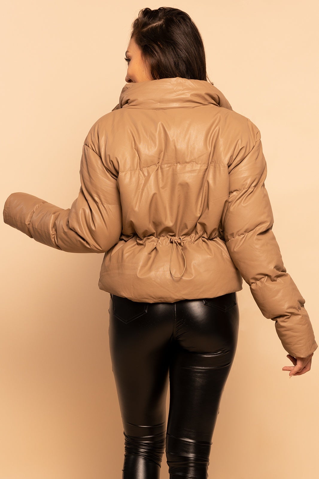 Vegan Faux Leather Quilted Padded Puffer Jacket Beige